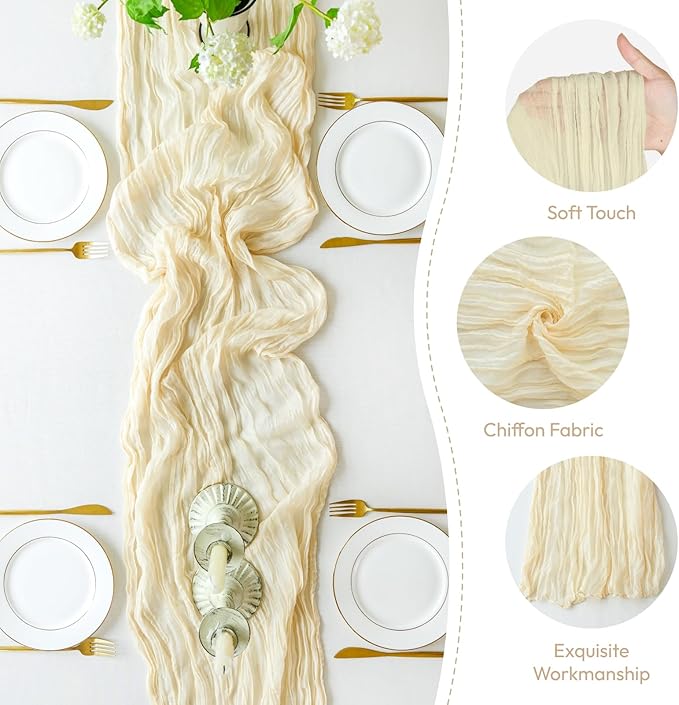 Sioloc 5 Pack Beige Cheesecloth Table Runner Fall Autumn Decor for Home 10ft Table Cloth for Tea Wedding Birthday Party Baby Bridal Shower Halloween Thanksgiving