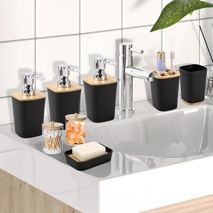Black Bathroom Accessories Sets Complete with Shower Curtain, 24 PCS Bathroom Set with Trash Can,Toothbrush Holder,Toothbrush Cup,Soap Dispenser,Soap Dish,Toilet Brush,Tray and Qtip Holder