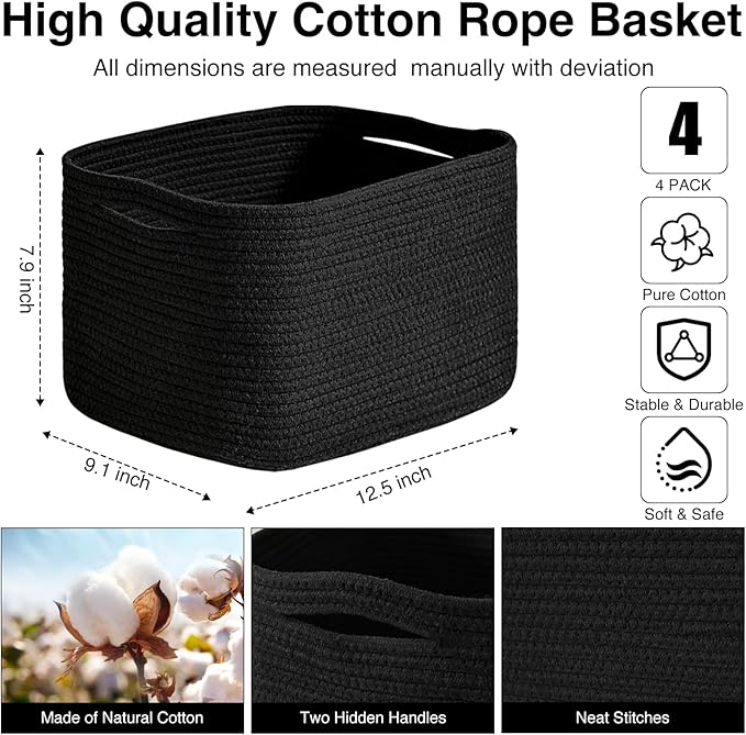 Black Storage Baskets for Shelves, Small Storage Baskets for Organizing, Woven Cotton Rope Baskets for Storage, Book Basket, Decorative Shelf Basket, 12.5"Lx9.1''Wx7.9''H (4 Packs) Black