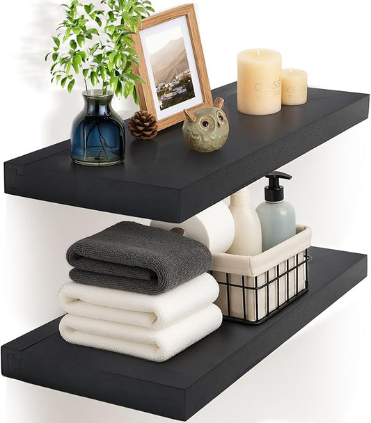 Solid Walnut Floating Shelves for Wall, 24"*10"*1.6"Real Thick Wood Mounted Wall Display Shelf with Joinery for Home Decor, Bathroom,Kitchen（ Black Stain）