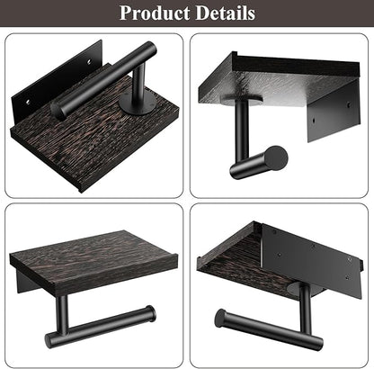 Tindbea Toilet Paper Holder with Wood Shelf, Wooden Wall Mount Tissue Paper Roll Holder, Matte Black Stainless Steel Bathroom Accessories Decor for Household Home Apartment Restroom Essential (Wenge)