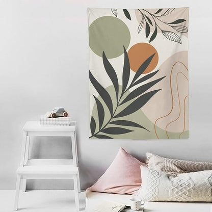 Abstract Bohemian Mid Century Tapestry, Tropical Leaves Modern Geometric Archway Minimalist Bohemian Botanical Aesthetic Wall Hanging, Sage Green Gold Home Decor Art for Bedroom 50x60 Inch