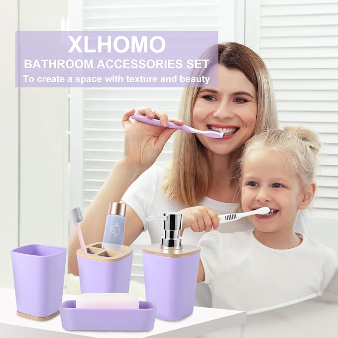 Purple Bathroom Accessories Set, 9 Piece Purple Bathroom Accessory Set with Trash Can,Toothbrush Holder,Toothbrush Cup,Lotion Soap Dispenser,Vanity Tray,Soap Dish,Toilet Brush,Qtip Holder