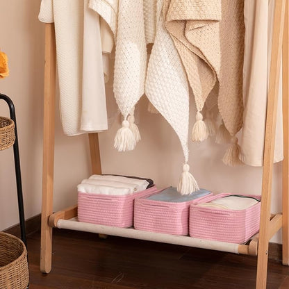 3 Pack Small Storage Baskets for Organizing, Cute Woven Decorative Gift Baskets for Shelves, Mini Closet Organizer Bins with Handles, 11.81''Lx7.87''Wx4.72''H-Pink