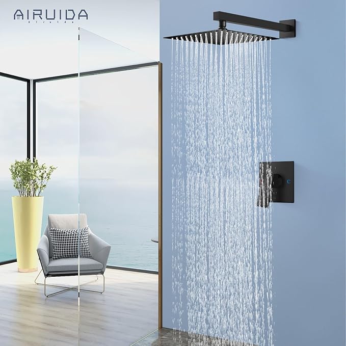 Airuida Shower Faucet Set Bathroom Rain Shower System SUS304 Stainless Steel Single Handle With Male Threads Rough-in Valve Shower Trim Kit 12 Inch Wall Mount Shower Head Matte Black