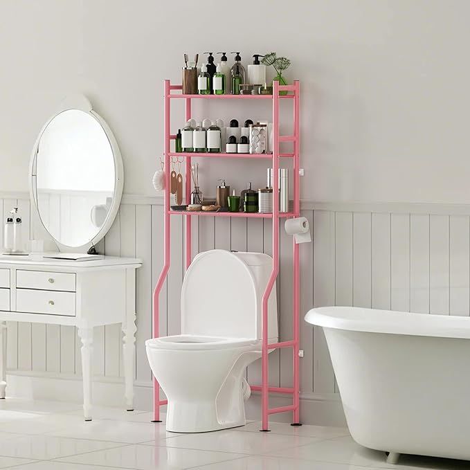 3-Tier Over The Toilet Storage with Paper Holder, Metal Bathroom Organizers and Storage for Small Space, Freestanding Bathroom Shelves with 4 Hooks, Above The Toilet Storage Shelf, Pink