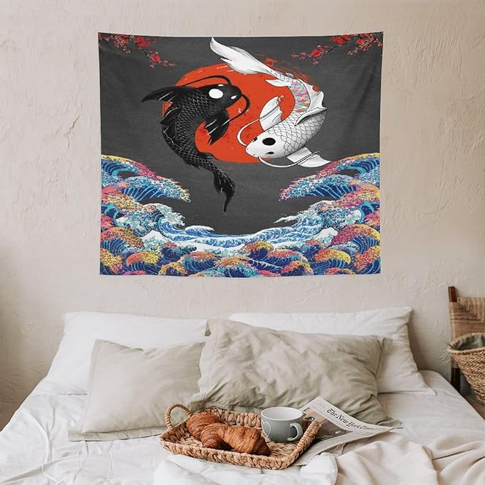 Houselerax Japanese Koi Fish Tapestries, Yin Yang Big Wave Cherry Blossom Tapestry Wall Hanging for Bedroom Living Room Office Decor 60"x50"
