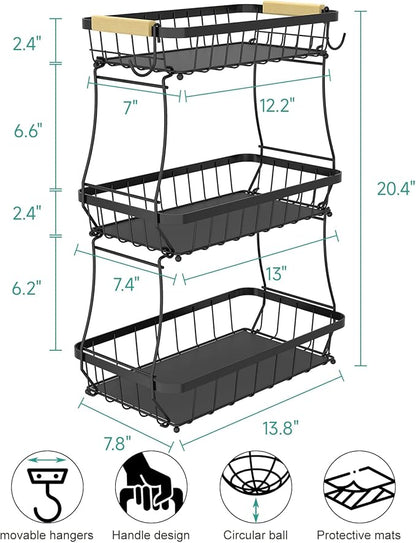 3 Tier Fruit Basket for Kitchen Counter with 2 Mobile Banana Hangers, 2025 Pro Detachable Metal Fruit Bowl with Wooden Handle, Fruit Holder for Bread Snack Veggies with Protective Mats