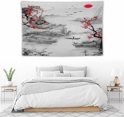 Cherry Blossoms Tapestry, Japanese Red Landscape Watercolor Abstract Art, Asian Japanese Wall Tapestry, Nature Landscape Tapestries for Bedroom Living Room Decor 90"x60"