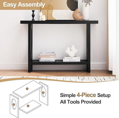 BECHAEO 47-Inch Modern Narrow Console Tables with Solid Wood Veneer - 2’’ Thickened Tabletop, 2-Tier Slim Sofa Table Behind Couch, Rectangle Entryway Table for Hallway Living Room, Black Oak
