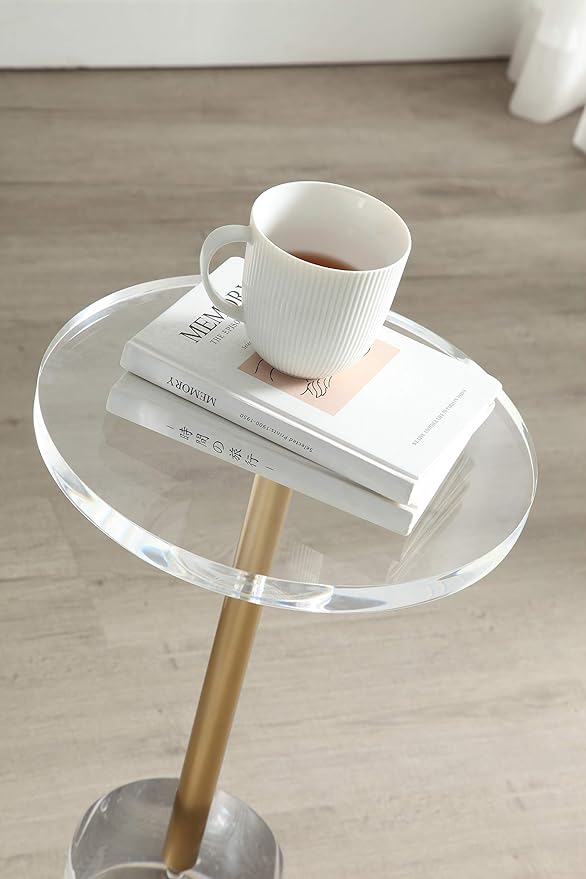 Clear Acrylic End Table,Side Table,Brushed Brass Metal,Round,for Office, Living Room and Bedroom,Easy Assembly,12x12 inch，21.3 inch high