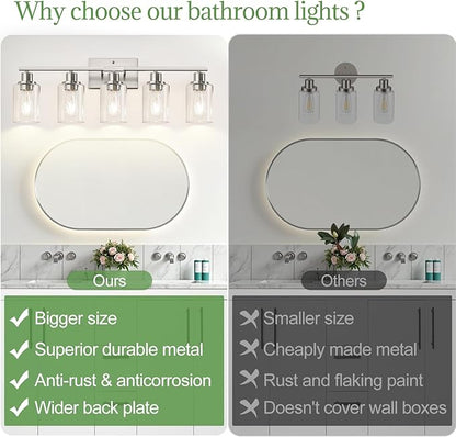 5-Light Bathroom Light Fixtures, Brushed Nickel Bathroom Vanity Light with Clear Glass Shades, Modern Bathroom Wall Lamp for Mirror Living Room Cabinet Bedroom Porch