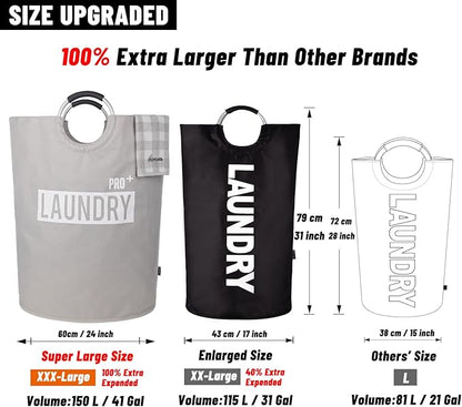 Caroeas Super Large 150L Laundry Basket Pro, Waterproof Laundry Hamper, Collapsible Laundry Basket Easy Storage, Clothes Hamper Stands Up Well, Laundry Bag with Padded Handles (Light Grey)