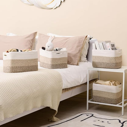 Shelf Baskets for Organizing, Storage Baskets for Shelves, Woven Baskets for Storage, Cotton Rope Baskets with Handles for Toy, Book, Clothes, 12.5"Lx9.1W"x7.9H", (4 Packs) Gradient Brown