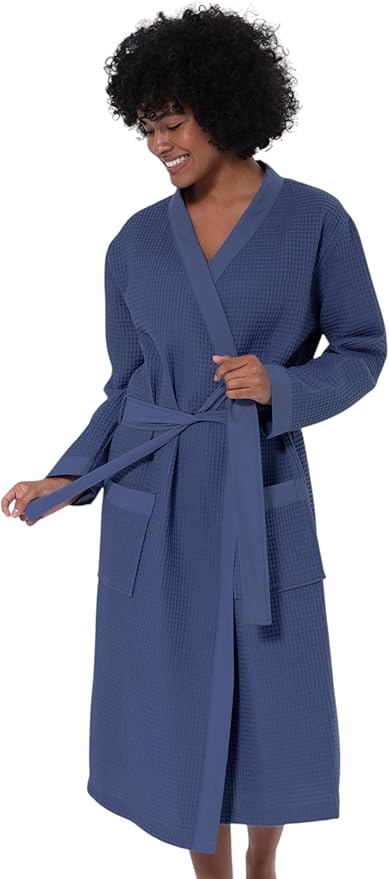 Women’s Luxury Waffle Shawl Collar, Hooded Robe w Piping – Lightweight, Long, Ultra Soft Spa Sleepwear Bathrobe