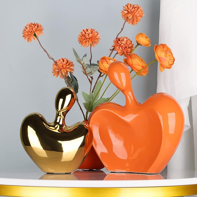 XMGZQ Orange and Gold Ceramic Couple Figurines Home Decor,Wedding Engagement Romantic Gift for Husband Wife,Large Male and Female Love Statue Valentine's Day Birthday,Abstract Hugging Couple