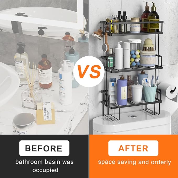 Over The Toilet Storage Shelf, 3-Tier Bathroom Storage Organizer Upgrade Punch-Free Toliet Storage Shelf, Home Storage Rack with Hooks Shelf,Black