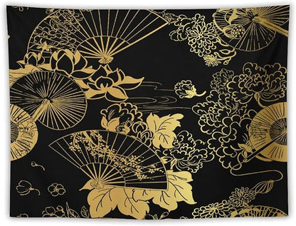 HZOHNAGO Japanese Tapestry Gold Flowers Umbrella Fan Pattern Printed Wall Tapestry Painting Wall Hanging for Bedroom Living Room Dorm 80" W x 60" H