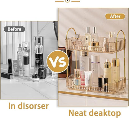 Bathroom Counter Organizer Countertop Storage, Cosmetics Skincare Shelf, Makeup Organizer Perfume for Dresser Vanity Tray, Spice Rack for Kitchen(2 Tier-Gold)