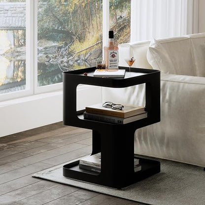 Side Table,Modern end Table,Unique nightstand,Bedside Table,Black Metal Night Stand with Storage,Accent Side Table for Couch,Bedroom,Living Room.No Assembly Required