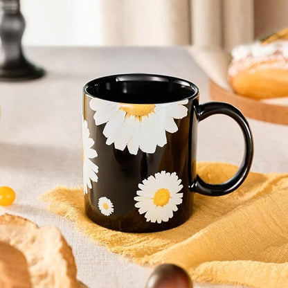 12Oz Daisy floral Black Ceramic Mug, Mug for Daily Coffee and Tea, Lead-free Microwave and Dishwasher Safe Coffee Mug, Perfect gifts for Women and men