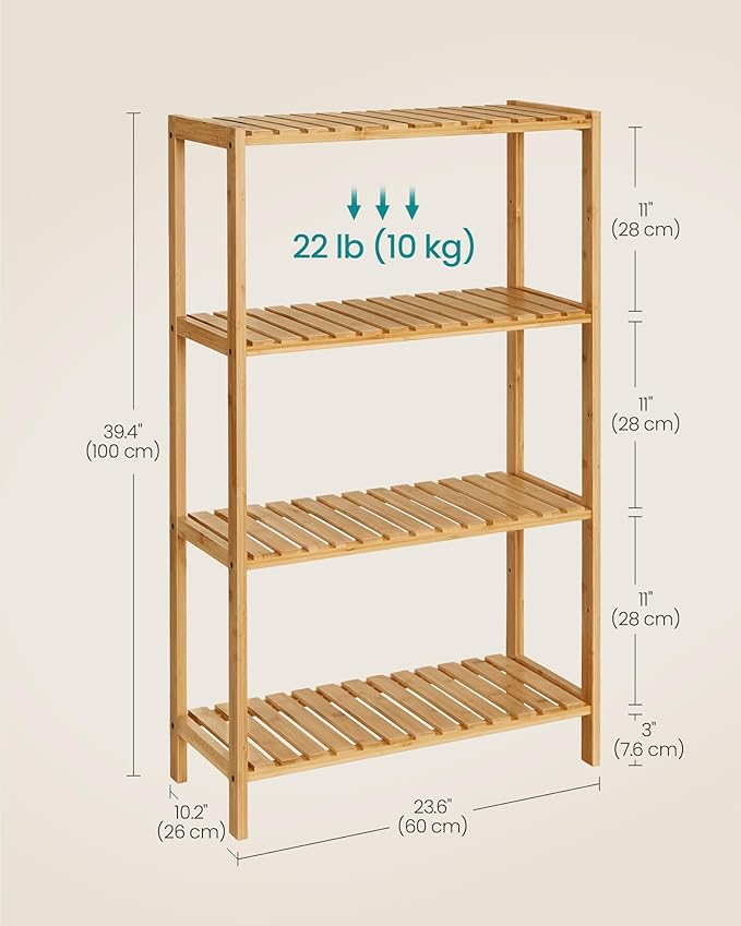 SONGMICS Bamboo Storage Shelf, 4-Tier Shelving Unit, Multifunctional, in The Entryway, Bathroom, Living Room, Balcony, Kitchen, 10.2 x 23.6 x 39.4 Inches, Light Bamboo UBCB034Y01
