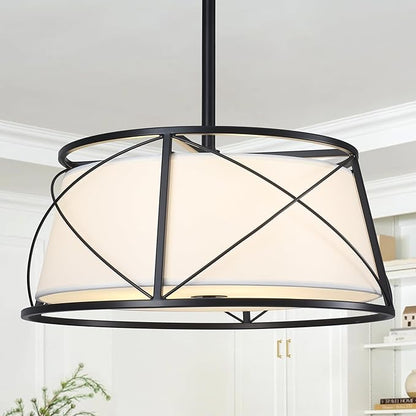 15.7" Black Drum Chandelier,3-Light Modern Farmhouse Chandelier,White Fabric Drum Shade Pendant Light Fixture for Dining Room Kitchen Island Bedroom Entryway
