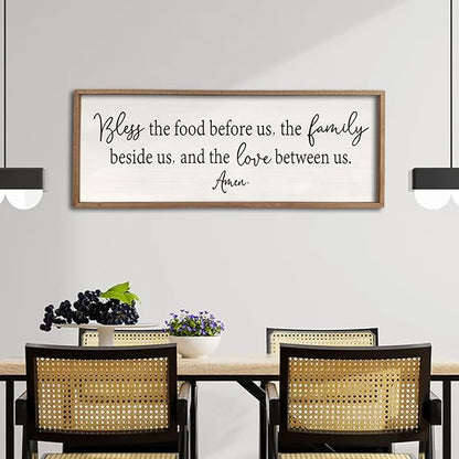 Bless the Food Before Us Sign Wall Decor 40"X15" Large Farmhouse Dining Room Wall Decor Framed Wood Rustic Home Wall Art Kitchen Hanging Decoration (Wood White)