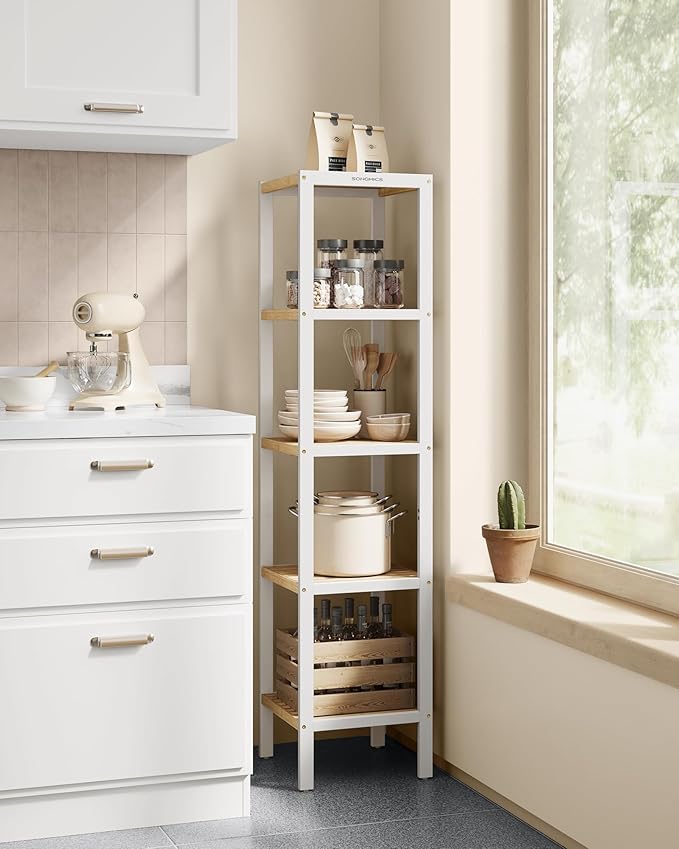 SONGMICS Bamboo Storage Shelf, 5-Tier Shelving Unit, Multifunctional, in The Entryway, Bathroom, Living Room, Balcony, Kitchen, 13 x 13 x 57.5 Inches, Cloud White and Light Bamboo UBCB055N01