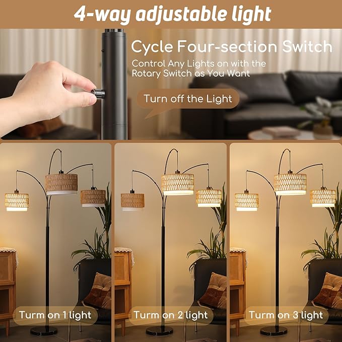 Rattan Floor Lamp for Living Room, 80 Inch Tall Boho Floor Lamp with Rotary Switch, 3 Lights Arc Lamp with Wicker Shade for Coastal,Bohemian,Tree Farmhouse Standing Lamp