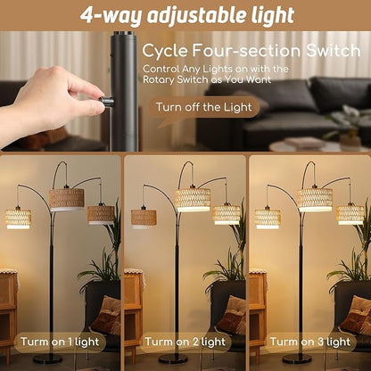 Rattan Floor Lamp for Living Room, 80 Inch Tall Boho Floor Lamp with Rotary Switch, 3 Lights Arc Lamp with Wicker Shade for Coastal,Bohemian,Tree Farmhouse Standing Lamp