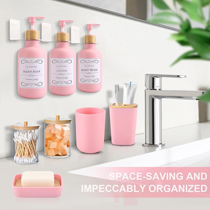 Pink and Wood Bathroom Accessories Set 19Pcs, Bathroom Set with Trash Can and Toilet Brush, 3PCS Drill Free 17oz Soap Dispenser Wall Mounted, Toothbrush Holder and Cup, Soap Dish, Qtip Holder