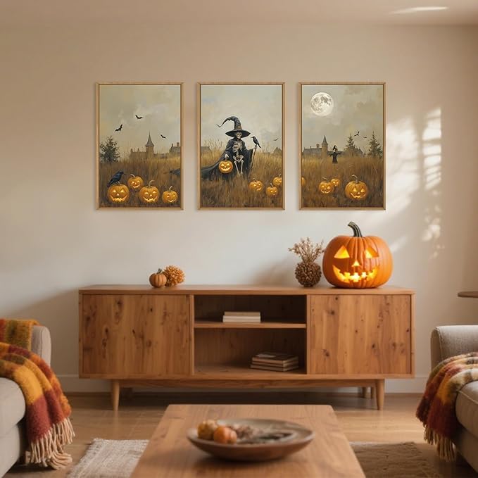 Celestdeco Halloween Ghost Reaper Framed Wall Art Set, Scary Witchy and Pumpkin Wall Decor, Horror Night Wall Painting, Full Moon Bats Art Prints for Living Room,Bedroom,Halloween Themed Party Decoration-24"×36"×3