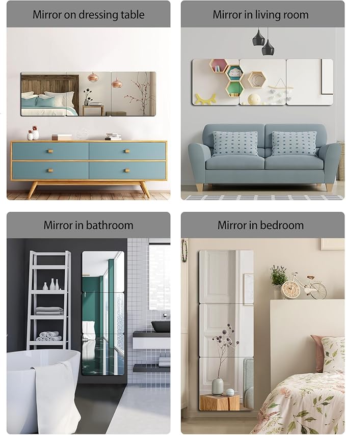 Unbreakable Full Length Wall Mirror,The Door Mirror,4Pack 13.5''x13.5'',Acrylic Mirror Kids,Shatterproof Plexiglass Long Mirrors for Bedroom Closet,Children Non Glass Stick on Mirrors