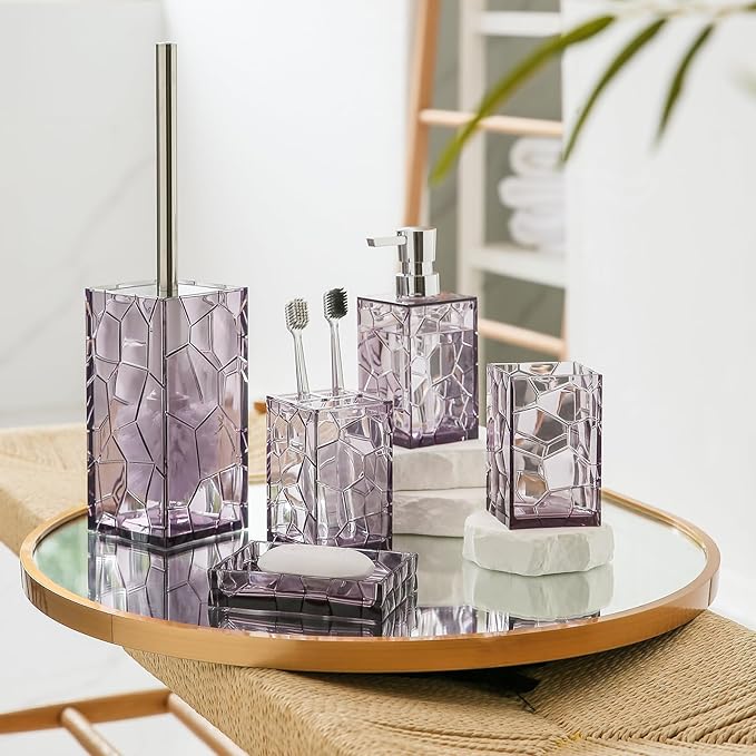 Clear Acrylic Bathroom Accessories Set - Rust-Free, Transparent Design - Includes Soap Dispenser, Toothbrush Holder, Cup, Soap Dish, and Toilet Brush 5-Piece (Lavender Purple)