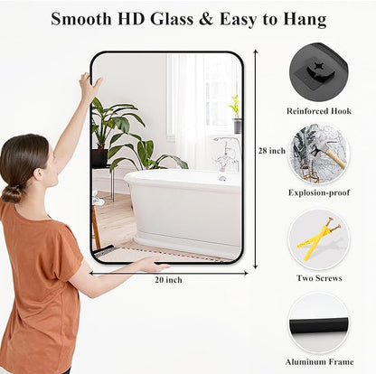 Fabuday Black Bathroom Mirror for Over Sink - 20x28 Rounded Rectangle Wall Mirror, Matte Metal Framed Vanity Rectangular Mirrors for Bedroom, Living Room, Entryway Decor, Horizontally/Vertically