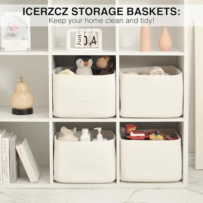 Storage Baskets for Organizing & Shelves, Woven Cotton Rope Organization Bins for Dog Toys, Clothes, Books, Nursery Organizer, 15" Lx11''Wx9.5''H, (4 Packs) Off White