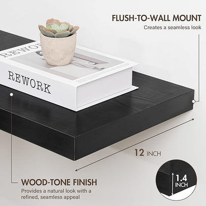 12 Inch Floating Shelves, 12" Deep Floating Shelf Wall Mounted, 12" Wall Shelves, Rustic Deep Bookshelf, Extra Deeper Display Shelves & Storage Shelves for Bedroom, Living Room, Set of 3