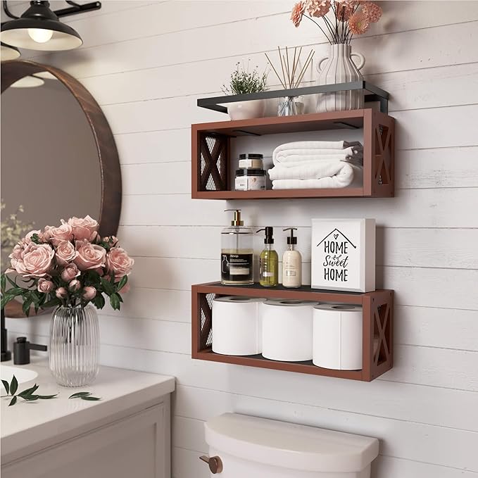 RICHER HOUSE Floating Wood Shelves with Guardrail, Rustic Brown, Wall Mounted, 2 Shelves, Farmhouse Style