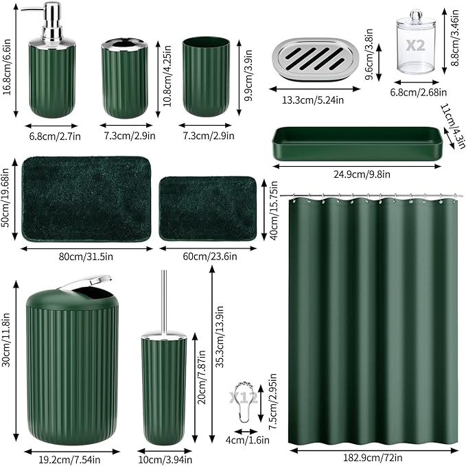 24 PCS Dark Green Bathroom Accessories Set with Shower Curtain and Rugs, Bathroom Sets with Extra Soft and Absorbent Bath Rugs Shower Curtain Bathroom Accessory for Bath