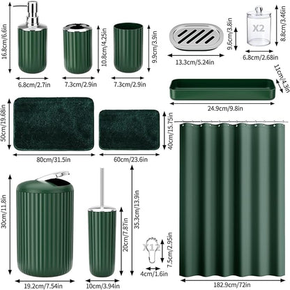 24 PCS Dark Green Bathroom Accessories Set with Shower Curtain and Rugs, Bathroom Sets with Extra Soft and Absorbent Bath Rugs Shower Curtain Bathroom Accessory for Bath
