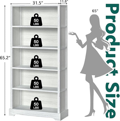 TVU 5-Shelf Wood Bookcase, 65 Inch Tall Bookshelf with Storage, Floor Standing Display Book Shelf，for Living Room Bedroom Study Office，Antique White