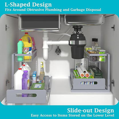 REALINN Under Sink Organizer, Pull Out Cabinet Organizer 2 Tier Slide Out Sink Shelf Cabinet Storage Shelves, Storage for Kitchen Bathroom, Grey, 1 Pack