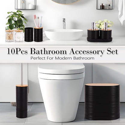 Bathroom Accessory Set,10 PCS Black Bathroom Accessories Set with Trash Can, Toothbrush Holder, Soap Dispenser, Toothbrush Cup, Vanity Tray, Soap Dish, Toilet Brush, Qtip Holders