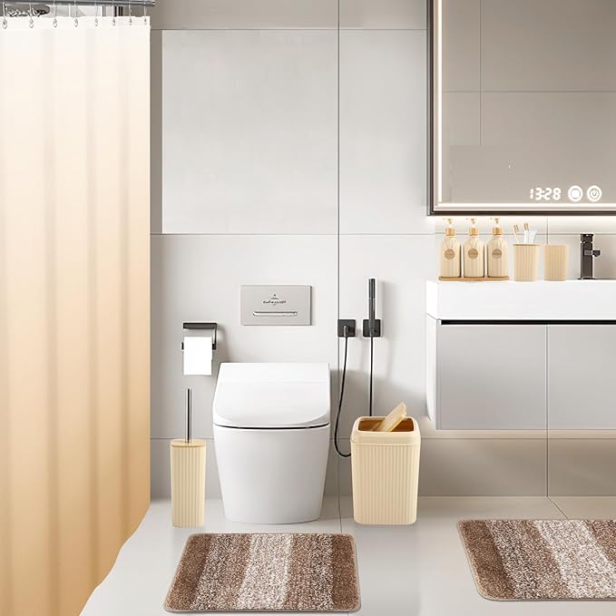 32PCS Bathroom Sets with Shower Curtain and Rugs Beige Bathroom Accessories Set Shower Curtain Set 3PCS Lotion Soap Dispenser Bathroom Accessories with Black Bathroom Decor