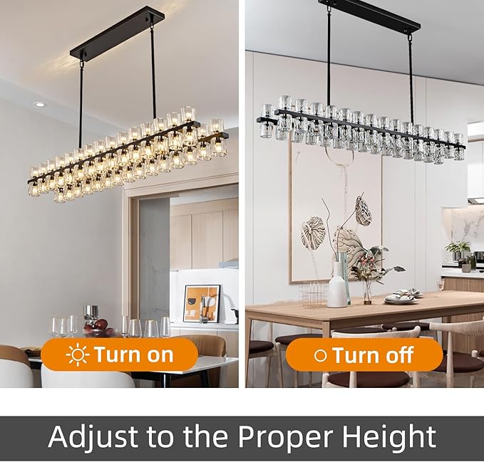 Crystal Black Rectangular Chandelier Light Fixture,54 in Dining Room Chandeliers Over Table,Modern Chandeliers For Living Room,Arcachon Chandelier,Kitchen Island Chandeliers Includes 60xG4 Bulbs