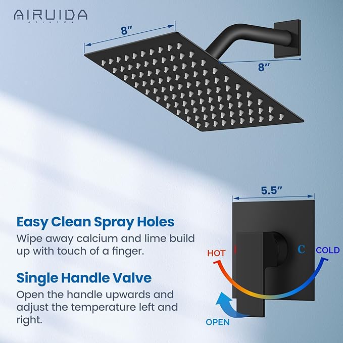 Airuida Shower Faucet Set Bathroom Rain Shower System SUS304 Stainless Steel Single Handle With Male Threads Rough-in Valve Shower Trim Kit 8 Inch Wall Mount Shower Head Matte Black