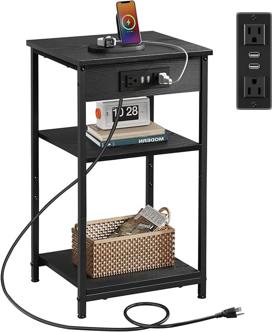 WLIVE Black End Table with Charging Station, Slim Night Stand with 3 Storage Shelves, Small Side Tables for Small Spaces, Bedside Tables for Living Room, Bedroom