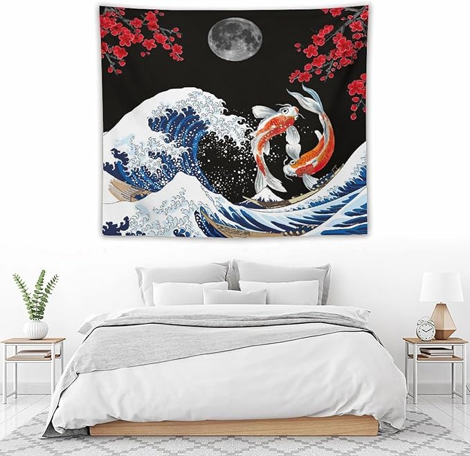 Houselerax Japanese Koi Fish Tapestry, Yin Yang Big Wave Red Cherry Blossom Tapestries Wall Hanging for Bedroom Living Room Office Decor 60"x50"