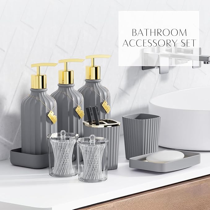 32PCS Bathroom Sets with Shower Curtain and Rugs-Grey Bathroom Accessories,Non Slip Bathroom Rugs Set with Toilet Lid Cover, Waterproof Shower Curtain, 3PC Soap Dispenser with Trash Can